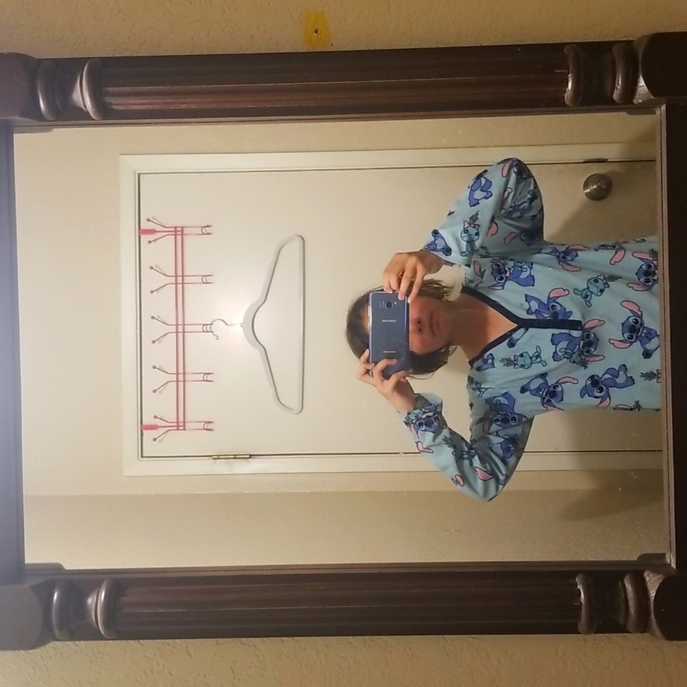 Stitch pajama set, long sleeve button up shirt and pajama pants. Light blue.